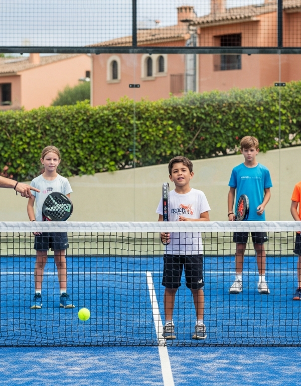 Grupa początkujących graczy padla podczas pierwszej lekcji z trenerem