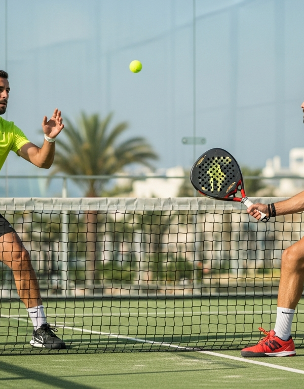 Gracze padla podczas wymiany na korcie ze szklanymi ścianami