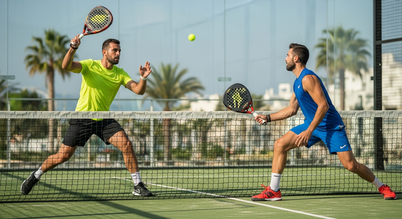 padel-gracze-akcja Gracze padla podczas wymiany na korcie ze szklanymi ścianami